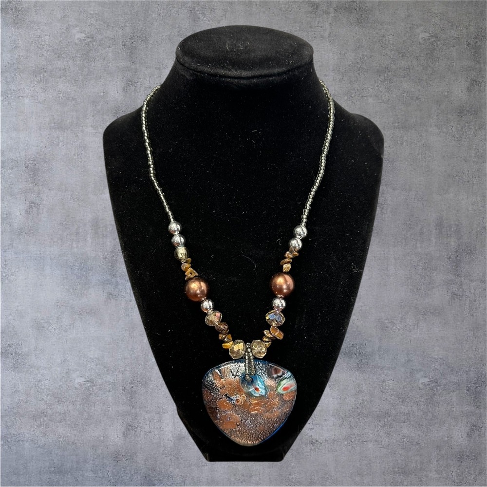 Erica Lyons EL Glass Pendant Necklace Blue Copper Boho Beaded Statement